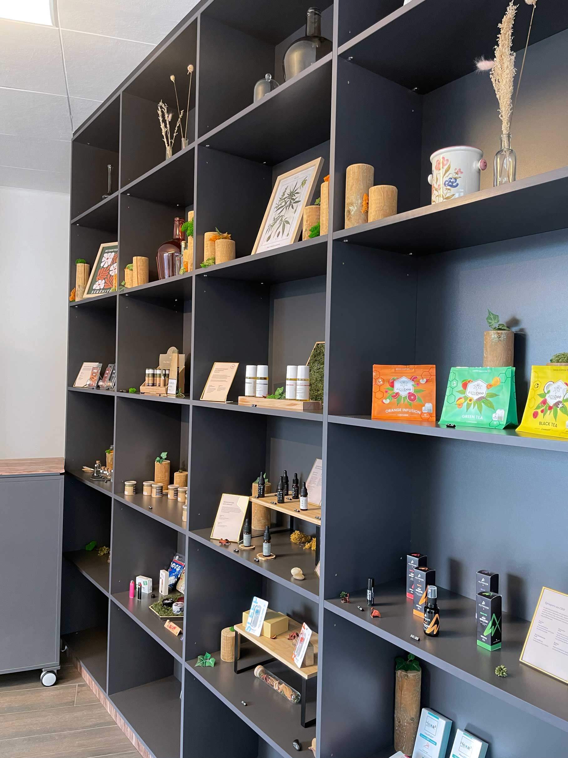 Aifé boutique, interior view of the shelves with the CBD-based products on offer.