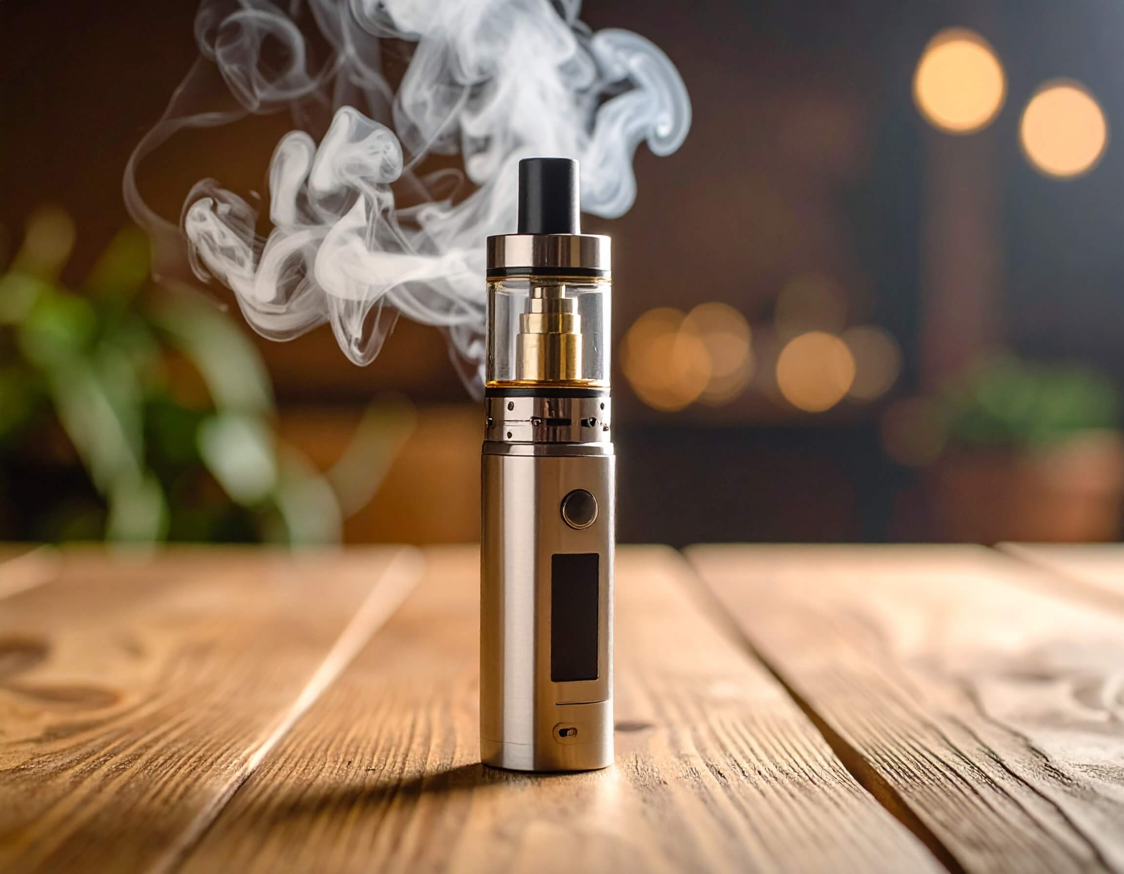 Vape CBD posés sur une table en bois.
