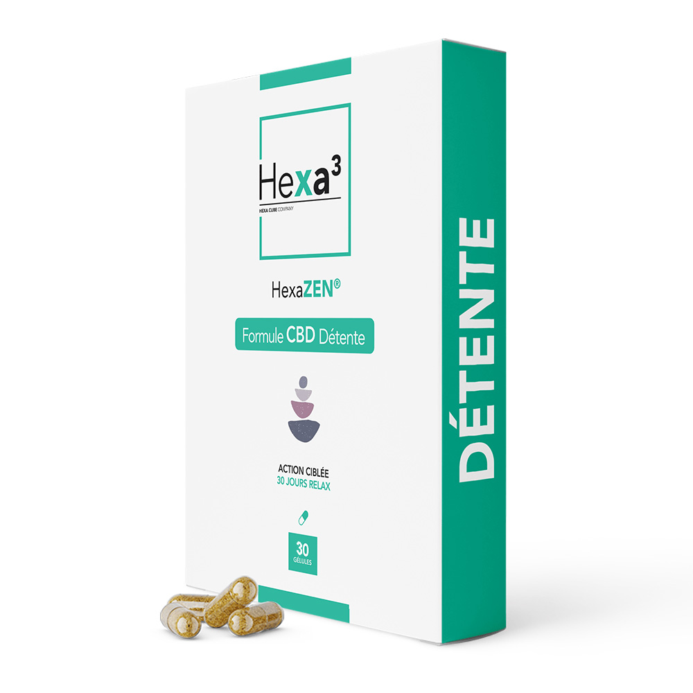 Boîte de gélules Hexa 3 Détente contenant 30 capsules sur fond blanc